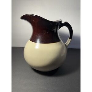 Vintage Studio Pottery Pitcher Cream & Brown Drip Glaze Handcrafted 9"